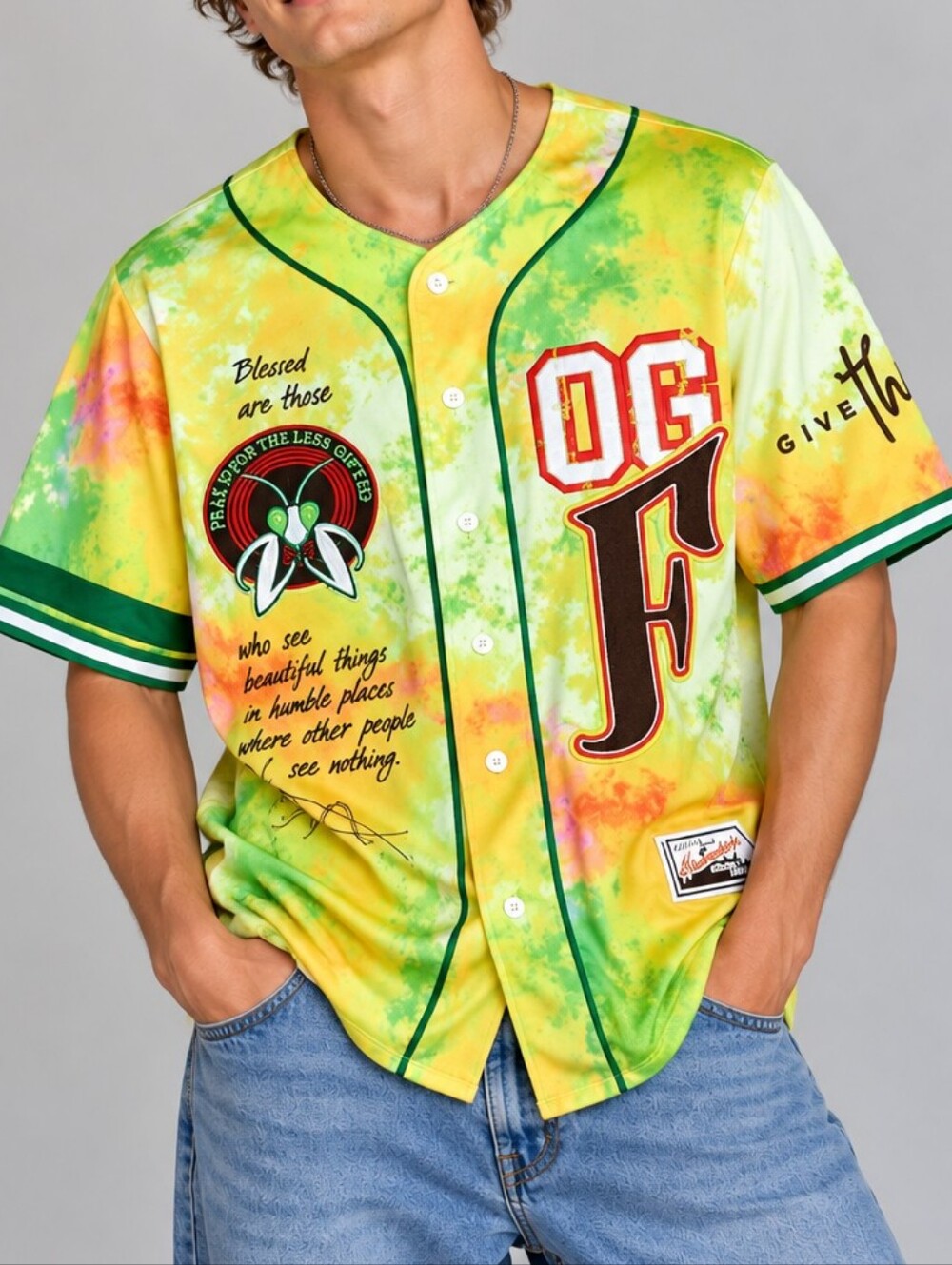 Mens OGF Original Fables Button Up Jersey Shirt Tie Dye Graphic Patches Small